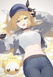 Rule 34 | 1girl, belt, black choker, black gloves, blue pants, blush, brown belt, choker, commentary, crop top, dokibird (vtuber), dokibird (vtuber) (retro doki), dragoon (dokibird), english commentary, fingerless gloves, gloves, green eyes, grey jacket, hands up, hashtag-only commentary, highres, indie virtual youtuber, jacket, long hair, long sleeves, looking at viewer, lying, midriff, navel, on back, open clothes, open jacket, open mouth, pants, puffy long sleeves, puffy sleeves, shirt, simple background, sketch, smile, solo, soybean (hisoybean), stomach, twintails, very long hair, virtual youtuber, white background, white shirt