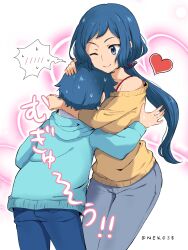 1boy 1girl affectionate artist_name blue_eyes blue_hair blue_hoodie blue_pants closed_mouth commentary_request commission denim gundam gundam_build_fighters heart highres hood hoodie hug iori_rinko iori_sei jeans long_hair mizuno374 mother_and_son one_eye_closed pants short_hair skeb_commission smile speech_bubble spoken_blush spoken_sweatdrop sweat sweatdrop sweater twitter_username yellow_sweater