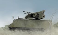 aiming anti-aircraft anti-aircraft_gun autocannon cannon caterpillar_tracks dead-robot dust military no_humans original self-propelled_anti-aircraft_weapon sidam_25 smoke vehicle_focus