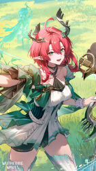 1girl absurdres bare_shoulders black_choker blue_sky book breasts choker ciaccona_(wuthering_waves) commentary day dress english_commentary frilled_wrist_cuffs frills green_eyes green_jacket highres holding holding_book holding_microphone jacket large_breasts logo medium_hair microphone official_art open_mouth outdoors parted_lips pointy_ears reading red_hair skipping sky smile tacet_mark_(wuthering_waves) thighs tree_horns water white_dress white_wrist_cuffs wrist_cuffs wuthering_waves
