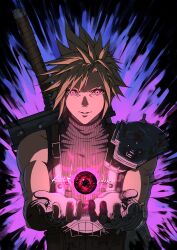 1boy absurdres armor black_materia buster_sword cloud_strife final_fantasy final_fantasy_vii final_fantasy_vii_rebirth final_fantasy_vii_remake floating floating_object gloves glowing highres looking_at_viewer materia possessed shoulder_armor single_shoulder_pad sleeveless sleeveless_turtleneck smile solo spiked_hair suspenders sword sword_on_back turtleneck upper_body weapon weapon_on_back zupakyo