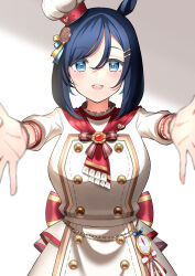 Rule 34 | 1girl, absurdres, animal ears, apron, black hair, blue eyes, blush, breasts, buttons, chef, chef hat, commentary request, double-breasted, dress, eishin flash (collect chocolatier) (umamusume), eishin flash (umamusume), frilled wrist cuffs, frills, gradient background, hair between eyes, hair ornament, hairclip, hat, highres, horse ears, incoming hug, kuryuu chiaki, large breasts, looking at viewer, medium hair, mini chef hat, mini hat, neckerchief, official alternate costume, open mouth, reaching, reaching towards viewer, red neckerchief, smile, solo, swept bangs, textless version, three-quarter sleeves, tilted headwear, umamusume, upper body, white apron, white dress, white hat, wrist cuffs