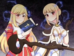 2girls aura bio_lab blonde_hair blush book breasts brown_cape brown_dress brown_gloves cape cleavage closed_mouth commentary_request cowboy_shot cross double_bun dress expressionless eye_trail fur-trimmed_cape fur-trimmed_gloves fur_trim gloves hair_bun high_priest_(ragnarok_online) high_wizard_(ragnarok_online) highres holding holding_book holding_staff juliet_sleeves kathryne_keyron light_trail long_hair long_sleeves looking_at_viewer margaretha_sorin medium_breasts multiple_girls ochindori puffy_sleeves ragnarok_online red_dress red_eyes red_lightning sash short_hair sidelocks smile staff swept_bangs two-tone_dress white_dress white_sash
