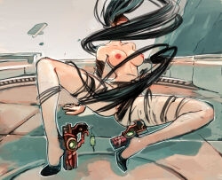 1girl 2017 absurdly_long_hair ankle_gun anus arm_support bayonetta bayonetta_(series) beehive_hairdo black-framed_eyewear black_hair bodysuit boots breasts brooch closed_mouth collarbone commentary convenient_censoring earrings female_focus floating_hair full_body gameplay_mechanics glasses gluteal_fold green_eyes hair_ribbon head_tilt high_heel_boots high_heels jewelry joel_jurion large_breasts lips living_clothes long_hair long_legs looking_at_viewer mole mole_under_mouth navel nipples nose nude outdoors partially_visible_vulva ponytail prehensile_hair red_lips ribbon shadow sitting solo spread_legs thick_lips transformation undressing variant_set very_long_hair