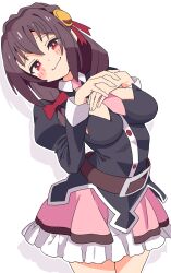 1girl between_breasts black_shirt blush braid breasts brown_hair crown_braid hair_ornament highres kono_subarashii_sekai_ni_shukufuku_wo! large_breasts long_hair long_sleeves looking_at_viewer low_twintails necktie necktie_between_breasts noyama_takenoko pink_necktie pink_skirt red_eyes shirt simple_background skirt smile solo twintails white_background yunyun_(konosuba)