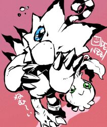beak bird blue_eyes digimon digimon_(creature) evolutionary_line full_body green_eyes oden_(odenzzi) one_eye_closed pink_background piyomon pyocomon simple_background talons