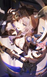 1girl absurdres animal_ear_fluff animal_ears belt black_gloves black_leotard blue_eyes boots breasts cat_ears cat_girl cat_tail cipher_(honkai:_star_rail) cleavage fang fingerless_gloves gloves highres holding holding_scroll honkai:_star_rail honkai_(series) hood hood_up hooded_leotard large_breasts leaning_forward leotard open_mouth scroll short_hair skin_fang solo tail thigh_belt thigh_boots thigh_strap tororogohan white_hair yellow_boots