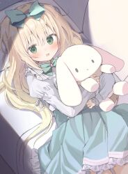 1girl blonde_hair bow bowtie character_request commentary_request commission frilled_skirt frills green_bow green_bowtie green_eyes green_skirt hair_bow highres holding holding_stuffed_toy long_hair long_sleeves looking_at_viewer lying maplestory on_back open_mouth shirt skeb_commission skirt solo stuffed_animal stuffed_rabbit stuffed_toy takepoison white_shirt