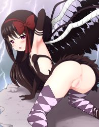 Rule 34 | 1girl, akemi homura, akuma homura, anus, armpits, bad anatomy, bad vulva, black hair, blush, cleft of venus, hair ribbon, highres, lightning, long hair, looking at viewer, mahou shoujo madoka magica, mahou shoujo madoka magica: hangyaku no monogatari, no panties, open mouth, purple eyes, pussy, qm, ribbon, socks, solo, wings
