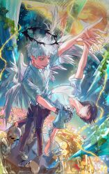 2boys adam&#039;s_apple black_hair black_halo blue_eyes collared_shirt commentary_request corrupted_twitter_file feathered_wings from_above full_body halo highres indou_hikaru hikaru_ga_shinda_natsu looking_at_another male_focus mole mole_under_eye multiple_boys pineapp80783931 school_uniform shirt short_hair short_sleeves tsujinaka_yoshiki twitter_username white_hair white_shirt wings yaoi