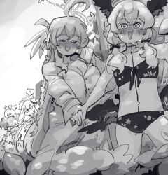 Rule 34 | 4girls, ?, ahoge, azusa (blue archive), bare arms, blue archive, blush, bow, braid, floral print bikini, greyscale, hair bow, half-closed eyes, halo, hanako (blue archive), hanako (swimsuit) (blue archive), hand on own cheek, hand on own face, head wings, hifumi (blue archive), highres, holding hands, kinzaibatsu91, koharu (blue archive), koharu (swimsuit) (blue archive), long hair, low wings, monochrome, multiple girls, open mouth, outdoors, shirt, single braid, smile, spoken question mark, twintails, wings, yuri