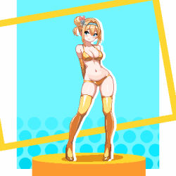 1girl absurdres arms_behind_back bikini blonde_hair blue_eyes blue_hairband blush breasts closed_mouth commentary contrapposto elbow_gloves english_commentary girls&#039;_frontline gloves gold_bikini gold_gloves gold_thighhighs hair_bun hair_intakes hair_ornament hairband high_heels highres looking_at_viewer navel pixel_art single_side_bun smile snowflake_hair_ornament standing stomach suomi_(girls&#039;_frontline) suomi_(girls&#039;_frontline_2) swimsuit thigh_gap whitte_komett
