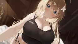 1girl absurdres ahoge aogiri_koukou aqua_eyes black_bra black_camisole black_panties blush bra bra_peek breasts brown_hair camisole cleavage commentary_request hair_ornament highres indoors kkix25 kurikoma_komaru large_breasts long_hair looking_at_viewer panties side-tie_panties solo sweat sweatdrop underwear virtual_youtuber