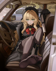 1girl absurdres beret black_coat black_gloves black_hat black_sailor_collar black_serafuku black_shirt black_skirt blonde_hair blue_archive boots bow bowtie car_interior car_seat coat commentary_request doumu_(31678316) fluffy_hair frilled_skirt frills gloves green_eyes gun hair_intakes halo hat highres holding holding_gun holding_weapon long_hair long_sleeves looking_at_viewer open_mouth professor_niyaniya_(blue_archive) rear-view_mirror red_bow red_bowtie sailor_collar school_uniform serafuku shirt side-view_mirror single_boot sitting skirt smile soles solo steering_wheel vehicle_interior weapon weapon_request yellow_halo