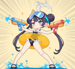 1girl adapted_costume black_one-piece_swimsuit blue_archive blush_stickers chibi chibi_only commentary_request double_bun dual_wielding emphasis_lines goggles goggles_on_head grey_halo hair_bun halo highres holding holding_water_gun kisaki_(blue_archive) long_hair mutsuse one-piece_swimsuit simple_background sparkle swim_goggles swimsuit twintails water water_gun yellow_background