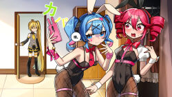 3girls akita_neru alternate_costume animal_ears antenna_hair bike_shorts bike_shorts_under_skirt black_leotard black_skirt black_sleeves black_thighhighs blonde_hair blue_hair boots breasts caught cellphone clothing_cutout colored_inner_hair comic detached_sleeves door double-parted_bangs dress drill_hair facial_tattoo fake_animal_ears fingernails fishnet_pantyhose fishnets grey_shirt grin hair_between_eyes hatsune_miku headband highres holding holding_phone indoors kakosa_sama kasane_teto leotard long_hair multicolored_hair multiple_girls navel_cutout necktie open_mouth pantyhose phone pink_hair pink_nails playboy_bunny pleated_skirt rabbit_ears rabbit_hole_(vocaloid) red_eyes red_hair red_nails red_necktie segmented_comic shirt short_sleeves side_ponytail skirt sleeveless sleeveless_shirt small_breasts smartphone smile speech_bubble sweatdrop tattoo thigh_boots thigh_strap thighhighs tongue translation_request triple_baka_(vocaloid) twin_drills unworn_dress utau very_long_hair vocaloid white_wrist_cuffs wrist_cuffs yellow_eyes yellow_necktie