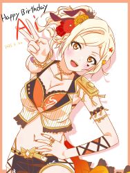 1girl :d black_shorts blonde_hair border bra breasts character_name cleavage collarbone commentary_request cowboy_shot cropped_vest dated facial_mark hair_intakes hand_on_own_hip happy_birthday heart heart_facial_mark highres large_breasts love_live! love_live!_nijigasaki_high_school_idol_club meccha_going!! micro_shorts miyashita_ai myrain56991013 navel official_alternate_costume open_mouth orange_border orange_bra orange_eyes orange_nails outside_border ponytail shorts sidelocks smile solo stomach triangle_necklace underwear v vest white_background white_vest
