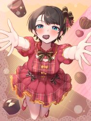 1girl black_bow black_bowtie black_hair blue_eyes blush bow bowtie breasts candy chocolate chocolate_heart dress food food_in_mouth hareteruya heart heart-shaped_food highres hololive mouth_hold oozora_subaru plaid_clothes plaid_dress reaching reaching_towards_viewer red_dress red_shoes shoes short_hair solo valentine virtual_youtuber yellow_bow