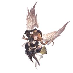 1girl arm_up black_bodysuit black_hat blue_eyes blush bodysuit book breasts brown_hair feathered_wings full_body granblue_fantasy hat holding holding_book large_breasts long_hair looking_at_viewer minaba_hideo official_art open_mouth raziel_(granblue_fantasy) smile solo toeless_legwear transparent_background white_wings wings