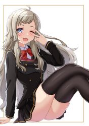 Rule 34 | 1girl, absurdres, alternate costume, black skirt, black thighhighs, blonde hair, blue eyes, bow, bowtie, chochoo, commentary request, contemporary, crossed legs, fire emblem, fire emblem fates, highres, long hair, long sleeves, looking at viewer, nintendo, one eye closed, open mouth, ophelia (fire emblem), pleated skirt, red bow, red bowtie, school uniform, skirt, smile, solo, thighhighs, v