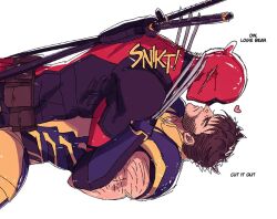 2boys arm_hair beard belt bleeding blood bodysuit brown_hair claw_(weapon) closed_eyes closed_mouth cuts deadpool deadpool_&amp;_wolverine deadpool_(series) english_text facial_hair gloves heart injury katana lying lying_on_person male_focus marvel marvel_cinematic_universe multiple_boys muscular muscular_male noses_touching on_back pectorals ppoooooolvrmm red_bodysuit red_mask short_hair sword sword_on_back utility_belt weapon weapon_on_back wolverine_(x-men) x-men yaoi yellow_bodysuit