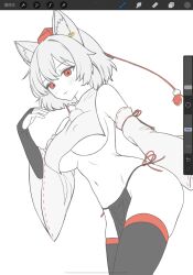 1girl :3 animal_ears bare_shoulders black_gloves black_thighhighs breast_curtain breasts closed_mouth commentary_request commission cowboy_shot detached_sleeves dog_ears fingerless_gloves gloves hand_up hat highres inubashiri_momiji large_breasts limited_palette loincloth looking_at_viewer navel pochigo red_eyes short_hair side-tie_loincloth solo stomach thighhighs tokin_hat touhou underboob wide_sleeves