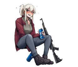 1girl :d blush brown_shoes can collared_shirt dress_shirt full_body grey_eyes grey_pants grey_shirt gun hair_between_eyes hair_ornament hairclip highres holding holding_can jacket nose_blush open_clothes open_jacket open_mouth original pants ponytail red_jacket satu_(2sunho16) shirt shoes sidelocks simple_background sitting smile solo weapon weapon_request white_background white_hair