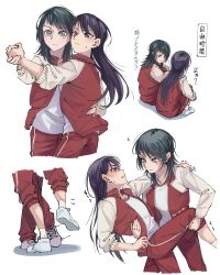 Rule 34 | 2girls, bang dream!, bang dream! it&#039;s mygo!!!!!, black hair, blue eyes, blush, brown hair, closed mouth, commentary, dancing, dip (dance move), doki (oox3o), gym uniform, hand on another&#039;s shoulder, hand on another&#039;s waist, highres, holding hands, jacket, long hair, looking at another, mole, mole under eye, multiple girls, pants, parted lips, purple eyes, red jacket, red pants, shiina taki, shirt, shoes, shorts, simple background, smile, sneakers, sparkle, track jacket, track pants, translation request, white background, white shirt, white shorts, yahata umiri, yuri