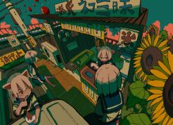 4girls absurdres air_conditioner animal_ears arms_at_sides balloon banner blue_sailor_collar blue_skirt car cat_ears cat_girl cat_tail commentary corrugated_galvanized_iron_sheet counter evening flower food from_above green_sky hair_between_eyes hand_up highres holding holding_food holding_ice_cream holding_spoon ice_cream imminent_bite kei_truck kooribata lamppost leaning_forward leaning_on_object lifebuoy looking_at_another looking_to_the_side medium_hair motor_vehicle multiple_girls neckerchief on_car open_mouth orange_eyes original outdoors paper perspective pleated_skirt railing raised_eyebrows red_clouds red_neckerchief sailor_collar school_uniform serafuku shadow shaved_ice shop short_sleeves sitting skirt sky spare_tire spoon summer sunflower swim_ring tail teruterubouzu tile_floor tiles toikichigai truck unused_tire utility_pole white_hair