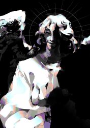 Rule 34 | 1boy, black background, feathered wings, gabriel (mandela catalogue), halo, highres, mandela catalogue, partially colored, partially shaded face, rhroup, robe, sketch, solo, white hair, white robe, wings