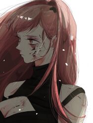 1girl bare_shoulders black_shirt blood blood_on_face breasts bruise cleavage cleavage_cutout closed_mouth clothing_cutout commentary_request empty_eyes fire_emblem fire_emblem:_three_houses frown high_ponytail highres hilda_valentine_goneril hilda_valentine_goneril_(timeskip) hk_539099410 injury looking_to_the_side nintendo parted_bangs pink_eyes ponytail sanpaku shirt simple_background solo turtleneck upper_body white_background