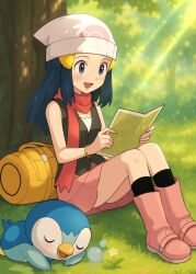 1girl :d against_tree black_shirt black_socks blue_eyes blue_hair boots bubble dawn_(pokemon) gen_4_pokemon grass hair_ornament hairclip hat highres holding holding_map long_hair map nakikot_t nintendo on_grass open_mouth pink_boots pink_skirt piplup pokemon pokemon_(creature) pokemon_dppt red_scarf scarf shirt sitting skirt sleeveless sleeveless_shirt smile socks tree white_hat yellow_bag
