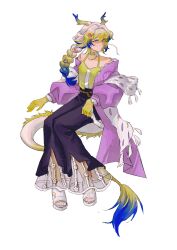 Rule 34 | 1girl, absurdres, arknights, bare shoulders, black pants, blonde hair, blue hair, braid, choker, closed mouth, coat, colored extremities, dragon girl, dragon horns, dragon tail, flower, full body, grey hair, hair between eyes, hair flower, hair ornament, highres, horns, invisible chair, long hair, long sleeves, looking to the side, multicolored hair, off shoulder, official alternate costume, pants, pink coat, red pupils, sandals, shawl, shu (arknights), shu (spring feast) (arknights), simple background, sitting, solo, spaghetti strap, tail, tassel, turning head, white background, white shawl, yellow choker, yellow eyes, zzzzzheng87293