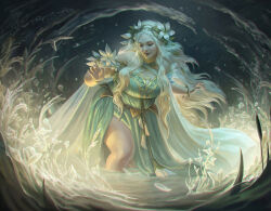 1girl arm_up blonde_hair breasts closed_eyes dress flower glowing_plants goldberry green_dress laurel_crown light-skinned_palms long_hair looking_down magic magic:_the_gathering marie_magny medium_breasts night outdoors partially_submerged plump solo the_lord_of_the_rings thick_thighs thighs tolkien&#039;s_legendarium water white_flower white_petals