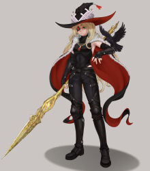1girl absurdres bird black_boots black_cape black_gloves black_hat black_pants blonde_hair boots breasts cape closed_mouth commentary crow elbow_gloves eyepatch fingerless_gloves full_body fur-trimmed_cape fur_trim gloves green_eyes grey_background gungnir_(toaru) hat highres holding holding_polearm holding_weapon knee_boots knee_pads long_hair looking_at_viewer othinus pants polearm red_cape small_breasts solo toaru_majutsu_no_index toaru_majutsu_no_index:_new_testament two-sided_cape two-sided_fabric weapon what_(lav0s) witch_hat