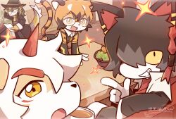 1girl 3boys :o aak_(arknights) animal_ears arknights artist_name black_coat black_hat black_shirt blonde_hair brown_hair chibi coat colored_sclera commentary_request couch cup detached_sleeves fins fish_tail food furry furry_female furry_male genjitsutouhi-kun glasses gloves hat highres holding holding_cup horns hung_(arknights) indoors lee_(arknights) looking_at_viewer multiple_boys open_mouth orange_eyes shirt single_horn smile sparkle table tail tiger_ears tiger_girl tiger_tail waai_fu_(arknights) white_background white_shirt yellow_eyes yellow_gloves yellow_sclera