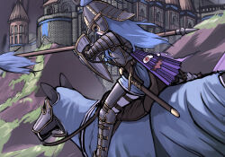 absurdres allcy49 alternate_costume armor armored_boots barding belt blue_hair boots breastplate castle gauntlets helmet highres holding holding_polearm holding_weapon horse horseback_riding karakasa_obake knight long_hair outdoors polearm riding shield shoulder_armor spear sword tatara_kogasa touhou umbrella weapon