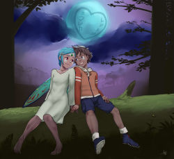 1boy 1girl aogami aqua_hair blue_eyes brown_hair dark dress eureka_(eureka_seven) eureka_seven eureka_seven_(series) eye_contact fairy_wings feet forehead_jewel forest grass hair_ornament happy highres holding_hands jacket long_sleeves looking_at_another moon nature night outdoors pink_eyes renton_thurston shoes shorts sitting smile tree white_dress wings