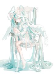 Rule 34 | 1girl, alternate hair color, angel, angel wings, bow, chair, classic lolita, cute x subculture hatsune miku design contest, doll joints, dress, fashion, frilled dress, frills, hair bow, halo, hashtag-only commentary, hatsune miku, highres, joints, lolita fashion, long hair, looking at viewer, shoes, sitting, solo, utsusemi 1024, very long hair, vocaloid, white bow, white dress, white hair, white shoes, white theme, wings