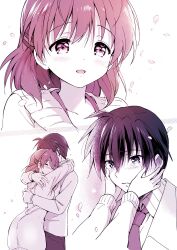 Rule 34 | 1boy, 1girl, akina tsukako, antenna hair, blue eyes, blue hair, blush, brown eyes, brown hair, clannad, couple, crying, crying with eyes open, furukawa nagisa, highres, hikarizaka private high school uniform, hug, okazaki tomoya, open mouth, school uniform, short hair, smile, tears