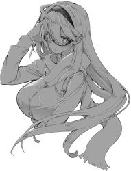 10mo 1girl ahoge breasts female_focus glasses greyscale highres large_breasts long_hair long_sleeves looking_at_viewer monochrome original scarf solo white_background