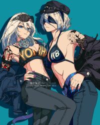 2b_(nier:automata) 2girls a2_(nier:automata) bikini black_bikini black_blindfold black_hat black_jacket blindfold blue_nails breasts commentary cowboy_shot denim fingernails hair_between_eyes hand_on_own_hip hat highres jacket jeans large_breasts leaning_back leaning_forward long_hair medium_breasts midriff multiple_girls nail_polish navel nest_virgo nier_(series) off_shoulder pants purple_nails short_hair shoulder_tattoo simple_background smile swimsuit tattoo watermark white_hair
