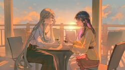 ^_^ arm_on_table belt black_hair brown_belt chair closed_eyes closed_mouth coffee drink earrings frilled_skirt frills from_side game_cg hair_ornament hairclip hand_up highres holding holding_drink hoop_earrings iced_coffee iris_wen jewelry long_hair love_curse:_find_your_soulmate multicolored_hair non-web_source official_art pale_skin pink_eyes pink_hair railing selene_yan short_sidetail side_ponytail sitting skirt sky smile stirring sunset table two-tone_hair very_long_hair