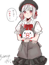Rule 34 | 1girl, alternate costume, apron, artist name, beret, black hat, black skirt, bow, bowtie, closed mouth, collared shirt, colored text highlight, cowboy shot, frilled shirt collar, frilled skirt, frills, grey apron, grey hair, hachiban ramen, hachiban ramen uniform, hachiko (hachiban ramen), hair ribbon, hair rings, hat, highres, link! like! love live!, looking at viewer, love live!, mascot, miniskirt, multicolored hair, puffy short sleeves, puffy sleeves, red bow, red bowtie, red hair, red ribbon, ribbon, roku aya fuyu, shirt, short hair, short sleeves, signature, simple background, skirt, smile, speech bubble, split mouth, streaked hair, translation request, virtual youtuber, white background, white shirt, yugiri tsuzuri