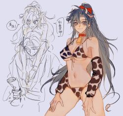 1boy 1girl ahoge animal_collar animal_ears animal_print bare_shoulders bell bikini black_eyes black_hair blush bow breasts chinese_text chinese_zodiac cleavage closed_mouth collar cow_ears cow_girl cow_horns cow_print cow_print_bikini cow_print_gloves cow_tail cowbell detached_sleeves elbow_gloves eyelashes front-tie_top genderswap genderswap_(mtf) gloves grey_background hair_bow hair_ribbon hands_on_own_thighs hetero heyoubuyou highres horns kemonomimi_mode lan_wangji large_breasts long_hair looking_at_viewer modao_zushi navel neck_bell partially_colored ponytail print_bikini print_gloves red_bow red_collar ribbon sidelocks simple_background sketch smile solo_focus speech_bubble swimsuit tail wei_wuxian year_of_the_ox