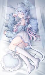 1girl ahoge angel_wings animal_ear_fluff animal_ears ass bed_sheet blue_bow blue_cardigan blue_hair blue_jacket blush bow breasts cardigan cat_ears cat_girl cat_tail closed_mouth curtains detached_wings dress eye_mask feet frilled_pillow frills full_body gradient_hair hair_bow halo heart heart-shaped_pillow highres jacket kneehighs large_breasts legs long_hair long_sleeves looking_at_viewer lying mask mask_on_head multicolored_hair no_shoes off_shoulder on_bed on_side one_eye_closed original pillow pink_eyes pink_hair polka_dot satoh_vrc sidelocks skirt sleep_mask sleeves_past_wrists socks soles solo tail tail_ornament thigh_strap toes two-tone_hair vrchat white_halo white_skirt white_socks white_tail white_wings wings