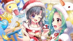 2girls alternate_hairstyle bare_shoulders beard black_hair blue_eyes blue_ribbon bracelet braid breasts brick_wall brown_eyes ceiling_light christmas christmas_wreath cleavage collarbone dot_nose dress dutch_angle facial_hair film_grain fur-trimmed_dress fur_bracelet fur_trim game_cg gold_bracelet gold_ribbon green_hair hands_on_own_stomach hands_up hat indoors itsumura_yukari izumi_tsubasu jack-in-the-box jewelry laughing long_braid long_hair medium_breasts multiple_girls non-web_source official_art one_eye_closed open_mouth plant pom_pom_(clothes) potted_plant re:stage! red_dress red_hat ribbon santa_hat sequins shirokita_kuroha sideways_mouth single_braid smile snowflake_ornament snowman_hood sparkle star_(symbol) surprised tongue tongue_out upper_body white_beard window wreath