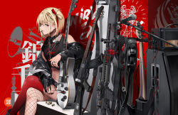 1girl akm alternate_costume amplifier assault_rifle asymmetrical_legwear bare_shoulders belt_collar black_jacket black_nails black_shirt bullet chain chain_necklace collar crop_top crossed_legs earrings electric_guitar english_text fishnet_thighhighs fishnets food food_in_mouth guitar gun hair_between_eyes hair_ribbon heart instrument jacket jewelry kalashnikov_rifle leather leather_jacket lock long_sleeves looking_at_viewer lycoris_recoil microphone microphone_stand midriff mismatched_legwear multicolored_nails nail_polish navel necklace neko_(yanshoujie) nishikigi_chisato off_shoulder one_side_up parted_lips pocky pocky_in_mouth punk red_background red_eyes red_nails red_thighhighs ribbon rifle rocker-chic shirt short_hair sitting sleeves_past_wrists solo speaker thighhighs thighs weapon weapon_request
