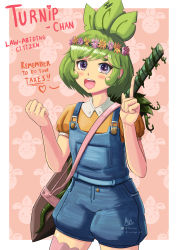 1girl :d absurdres artist_name blush character_name clenched_hand commentary denim english_commentary english_text genderswap genderswap_(mtf) green_hair hand_up head_wreath highres humanization index_finger_raised looking_at_viewer mirifaye open_mouth overalls pink_background pixiv_username purple_eyes short_hair simple_background smile sword thighhighs turnip turnip_boy_commits_tax_evasion twitter_username weapon