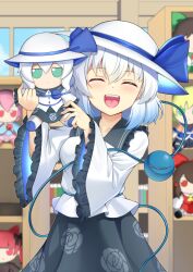 Rule 34 | 1girl, :d, akasaka sato, black skirt, blue ribbon, bookshelf, closed eyes, commentary request, doll, facing viewer, floral print, fumo (doll), hakurei reimu, hat, hat ribbon, highres, holding, holding doll, indoors, juliet sleeves, kaenbyou rin, komeiji koishi, komeiji koishi (spontaneous white beauty), komeiji satori, long sleeves, mizuhashi parsee, open mouth, puffy sleeves, reiuji utsuho, ribbon, rose print, shirt, skirt, smile, teeth, third eye, touhou, touhou lostword, upper teeth only, white hat, white shirt